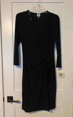 NWT Anne Klein Faux Wrap Black 3/4  Sleeve Jersey Stretch Dress Women's Size 10 - Image 1 of 4