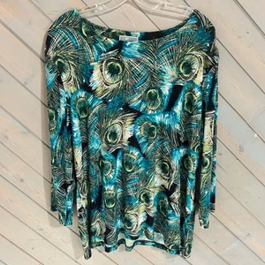 Blusa informal manga larga estampado pluma pavo real 2X Top mujer colección JM - Imagen 1 de 6