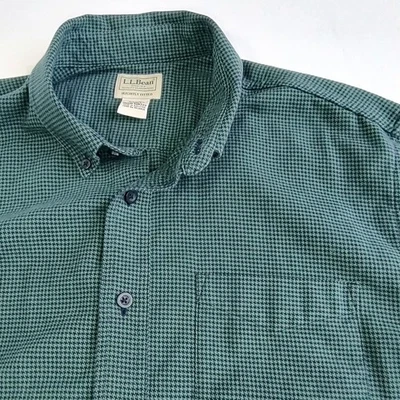 LL Bean Flannel Shirt Mens L Tall Green Houndstooth Pattern Slightly Fit Button - Image 1 of 4