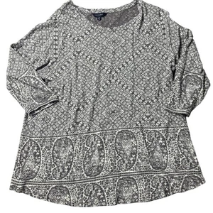 Lucky Brand 1X Boho Paisley Medaillon Langarm Top grau elfenbein Übergröße - Bild 1 von 8