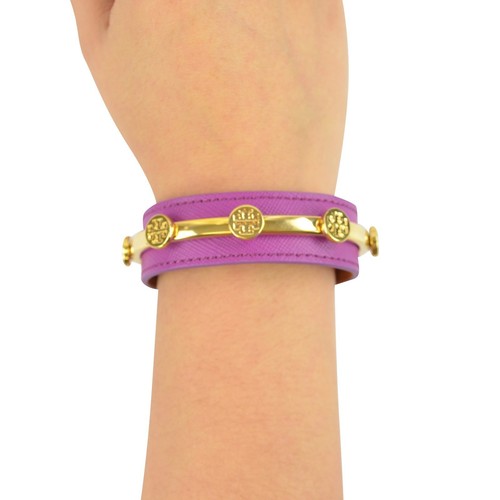 NUOVO bracciale Tory Burch Saffiano in pelle con logo viola oro