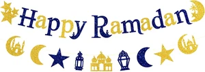 Ramadan Blue-Gold Party-Decorations Wall-Window Banners - 2Pcs Islamic Bakra Eid - Picture 1 of 21
