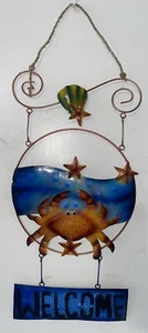 WELCOME CRAB METAL HANGING SIGN COLORFUL ART NAUTICAL PATIO HOME DECOR - Picture 1 of 2