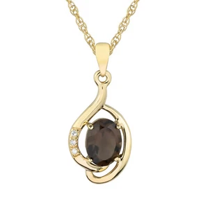 10k Yellow Gold Genuine Oval Smoky Quartz and Diamond Pendant Necklace - Picture 1 of 5