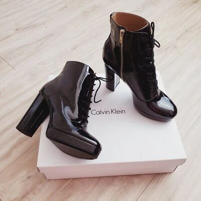 NEW Calvin Klein Black Patent Leather Heeled Boots - Image 1 of 4