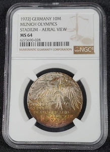 1972 J Germany Silver 10 Mark Munich Olympics Stadium - NGC MS 64 Amazing Toning - Picture 1 of 8