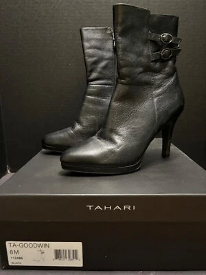 BOTAS Tahari Goodwin para mujer talla 8M cuero negro aguja cremallera correas traseras Foto 1 de 4