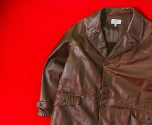 ARMANI Jeans Men Leather Brown Button Coat Size 52 / XL Vintage Lined Jacket - Picture 1 of 22