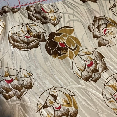 Tela de seda sin marca dorada, crema, marrón y rojo floral loto nueva 2 yardas Foto 1 de 3