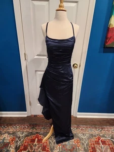 Women’s Blue FullLength Formal Dress Criss Cross Back Straps Leg Slit Size 2 NWT - Picture 1 of 4