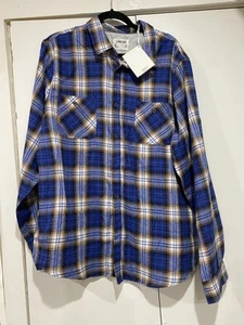 Mens Shirt XL Long Sleeves Blue Brown Plaid Button Front Outdoors Hiking Casual - Picture 1 of 12