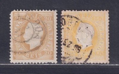 Portugal Scott 39,48 Used 1870-1880 20r, 150r King Luiz Embossed Issue SCV $40 - Image 1 of 2