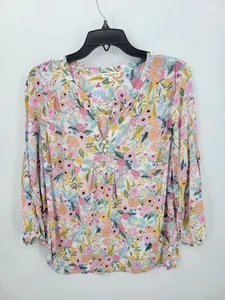 Christian Siriano Top Womens Medium Colorful Floral Balloon Sleeve Split Neck - Picture 1 of 10