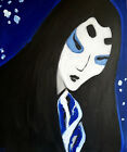 OIL PAINTING CANVAS SIGNED ART YUKI ONNA FACE YOKAI TENGU BLUE JAPANESE WOMAN