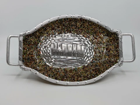 OVAL BEADED ALUMINUM WIRE BREAD FRUIT BASKET W/Handles Multi-Colored GLASS BEADS Cover