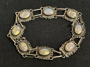 Vintage Mexican Sterling Link Bracelet With Iridescent Opal Acrylic Stone - Picture 1 of 11