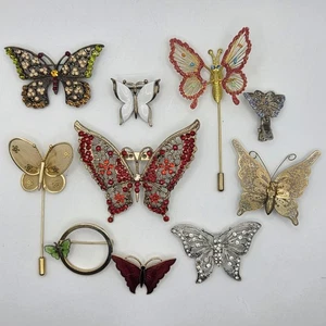 Lot Of 10 Vintage Butterfly Brooches, Pins & Clip - Rhinestones, Enamel, Mesh - Picture 1 of 23