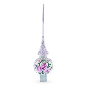 Pink Flowers Bouquet on Silver Mouth Blown Glass Christmas Tree Topper 11 Inches - Picture 1 of 5
