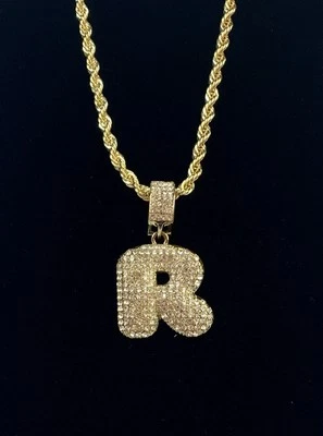 "Colgante enchapado en oro circonita helada inicial letra 'R' 1,75"" y collar de cadena de cuerda 24""" Foto 1 de 3