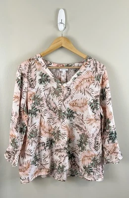 J. Jill Love 亚麻粉色热带花卉铃铛 3/4 袖衬衫农民上衣 M 码 — 第 1/4 张图片