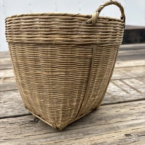 Vintage 20th C. Bamboo Woven Wicker Basket Decor Scandi Chinese 8”t x 9”w - Picture 1 of 14