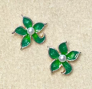 Pearl & Green Enamel Stud Earrings -925 Sterling Silver - 2cm Diameter - Picture 1 of 4