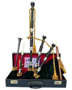 Great Highland Bagpipe Black Finish Silver Mounts Dark Green Velvet +Tutor Book - Picture 1 of 5