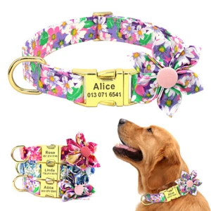 Flower Studded Dog Personalized Collar Nylon Custom Pet ID Name Tag Engraved S-L - Picture 1 of 18