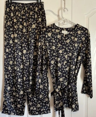Jones New York Liquid Satin Pajama Lounge Set Long Sleeve Blue Floral Medium - Image 1 of 4