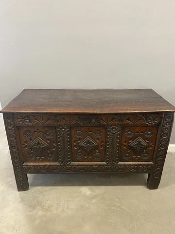 Antique English 17th Century Jacobean Carved Blanket Chest Coffer Trunk Cover