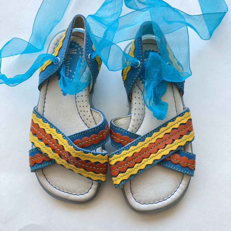 Nuevas Sandalias Naturino Criss Cross Niñas Talla 8 24 Up Cuero Azul Amarillo Encaje Euro Foto 1 de 4
