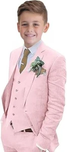 Boys Linen Suit 3 Piece Slim Fit Formal Suit Set Summer Wedding Suit Kids Tuxedo - Picture 1 of 31