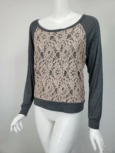 HAUTE HIPPIE grau Strick Jersey beige Spitze Overlay weiter Ausschnitt Top Gr. S - Bild 1 von 3