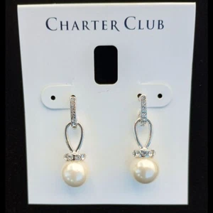 Charter Club Imitation Pearl Pave' Drop Earrings NWT $30 Crystal Teardrop - Picture 1 of 4