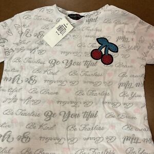 Derek Heart Girl Size Small 7/8 White With Words And Cherry Shirt NWT