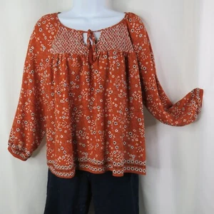 Indigo Rose Blouse Petite Large PL Peasant Smocked Boho Top Shirt Rust Floral - Picture 1 of 12