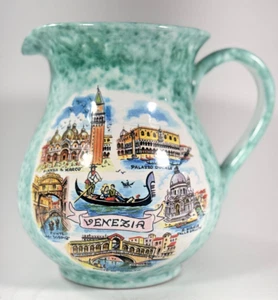 Italian Green Art Pottery Pitcher Hand Painted Floral Kitchen Italy Vintage - Picture 1 of 10