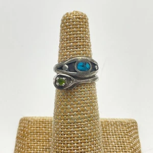 Vintage Sterling Silver Rings Lot of 2 Turquoise Inlay Green Peridot Gemstone - Picture 1 of 12