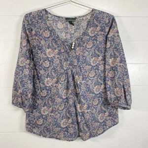 Camicia LRL Lauren Jeans Co donna blu medio paisley manica 3/4 cotone boho - Foto 1 di 11