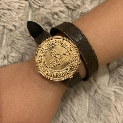 Vivienne Westwood Coin Watch Gold Brown Leather Band Rare Japan Authentic Quartz - Image 1 of 4