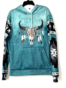 Native American Style Turquoise Western Aztec Hoodie w/Kangaroo Pocket - Size L - Picture 1 of 5
