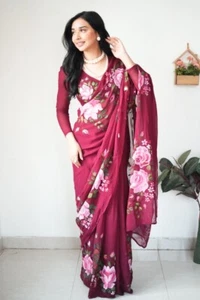 1 minute Readymade sari floral print ready to wear indian bollywood party saree - Picture 1 of 5