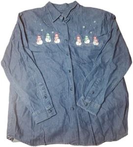 Karen Scott Embroidered Snowman Denim Blouse Button Down Long Sleeve Sz Large - Picture 1 of 5