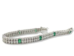 white gold finish Double Row Created Diamond and Green Emerald tennis bracelet - Picture 1 of 5