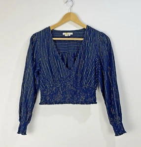 Boden Top Women Size 8 Navy Blue Gold Stripe Shirred V Neck Long Sleeve Cropped - Picture 1 of 7