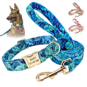 Floral Personalized Pet Puppy Dog Collar with Leash Name ID Tag Engraved S M L - Picture 1 of 15