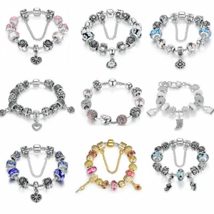 Silver Plated Alloy Bracelets With Heart CZ Charms Glass Beads Women Girls Diy - Picture 1 of 20