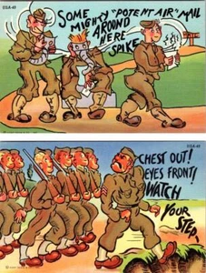 2~ca1940 Postales COMICS MILITARES Potente Correo Aéreo~Mira Tu Paso Tropas del Ejército - Imagen 1 de 5