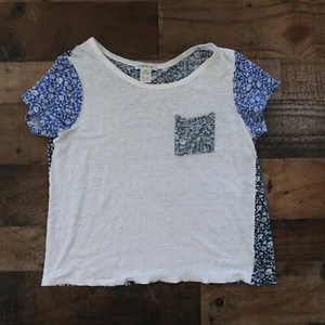 Orvis Womans Medium Linen Short Sleeve Blue Floral Pocket Tee Shirt Short Sleeve - Picture 1 of 5