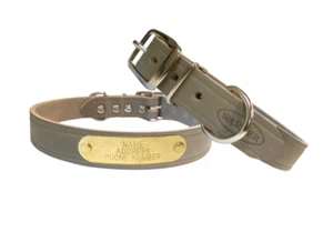 WARNER SPORTING CUMBERLAND LEDER HUNDEHALSBAND GRAU 23" GRAVIERTES MESSING ID ETIKETT - Bild 1 von 4